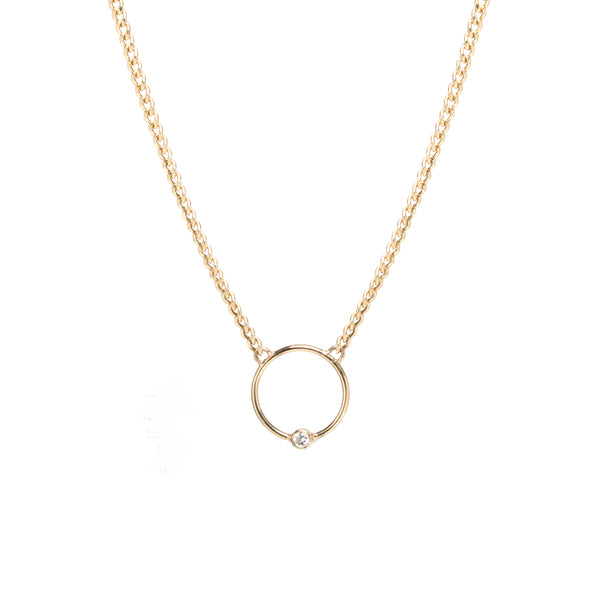 14k Extra Small Curb Chain Diamond Bezel Circle Necklace - SALE