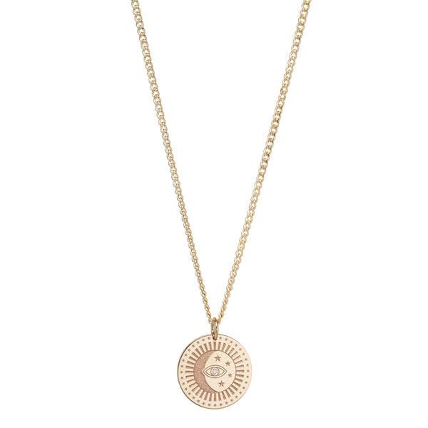 Zoe Chicco 14k Small Celestial Protection Medallion with Diamond on XS Curb Chain