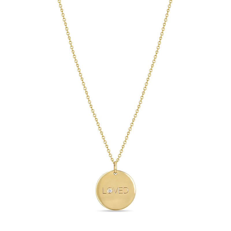 Zoë Chicco 14k Yellow Gold Small "LOVED" with Diamond Disc Pendant Necklace 