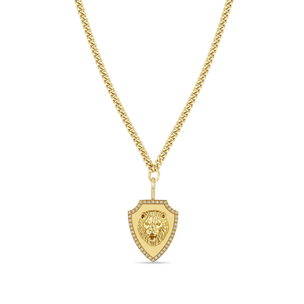 Zoë Chicco 14k Gold Lion Head Pavé Diamond Border Shield Small Curb Chain Necklace