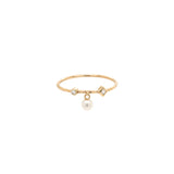 14k Dangling Tiny Pearl & Mixed Diamond Ring - SALE