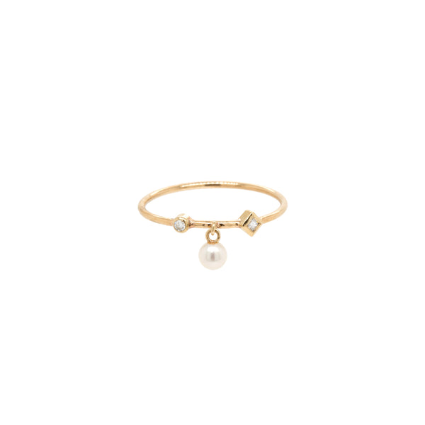 14k Dangling Tiny Pearl & Mixed Diamond Ring - SALE