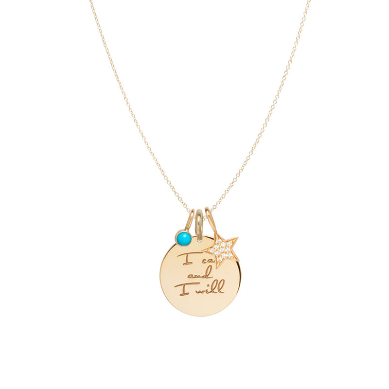 Zoe Chicco 14k Gold Small Mantra Charm Necklace with Pave Diamond Star & Turquoise