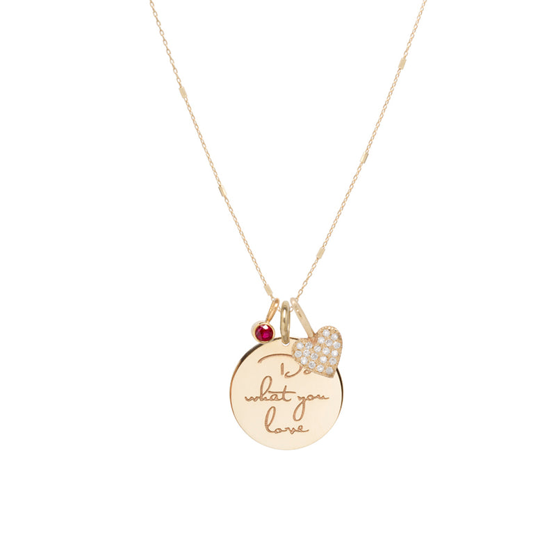 14k gold Do what you love Mantra charm necklace with heart and ruby