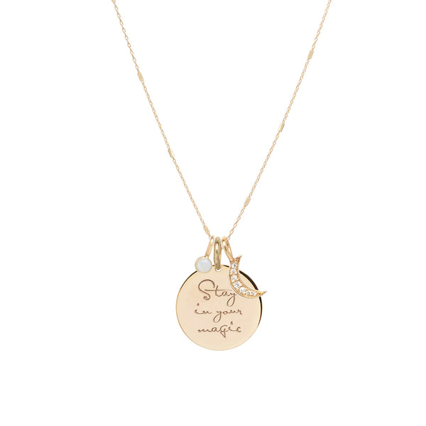 14k "Stay in your magic" Mantra Charm Necklace with Moon & Opal