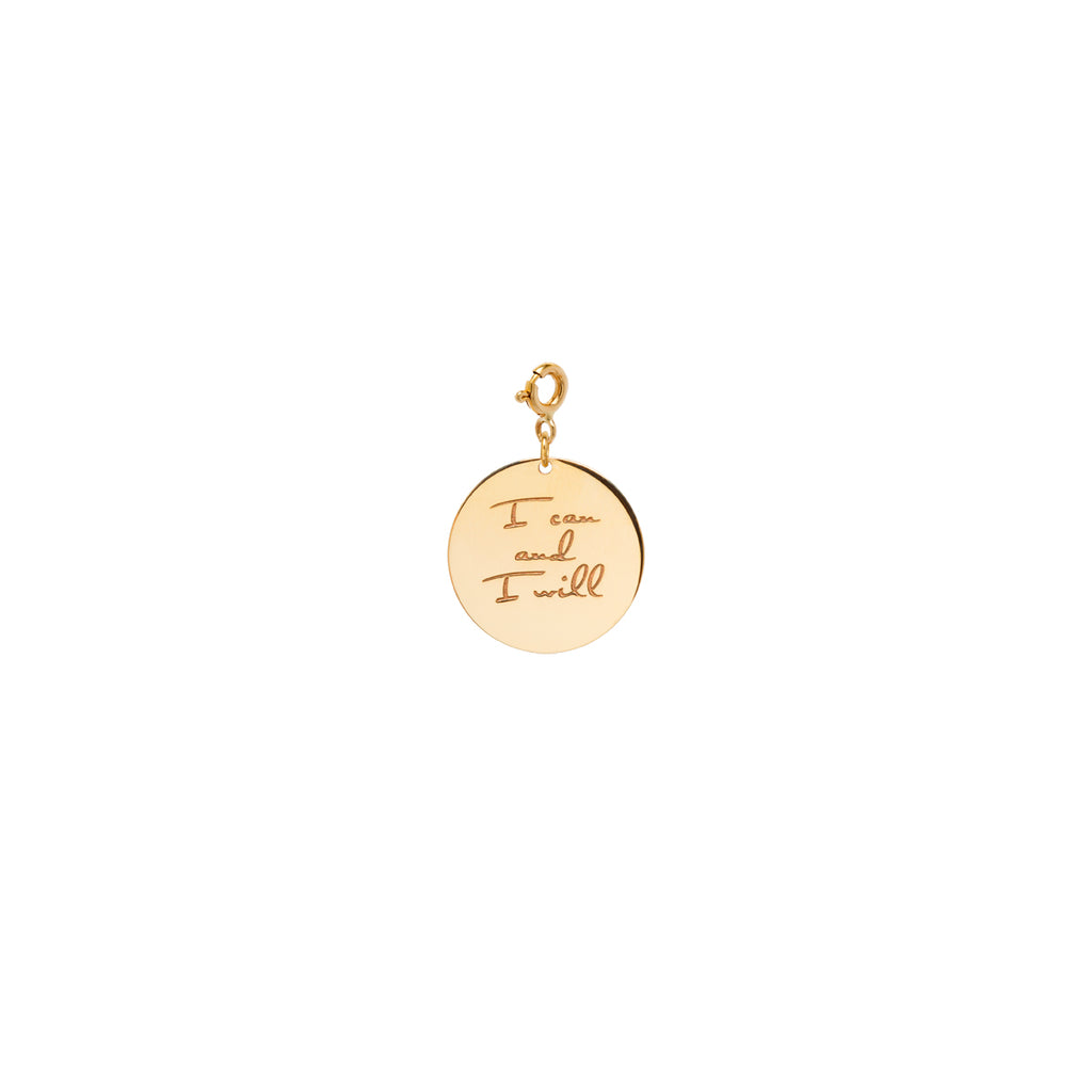 14k small mantra medallion disc charm on spring ring