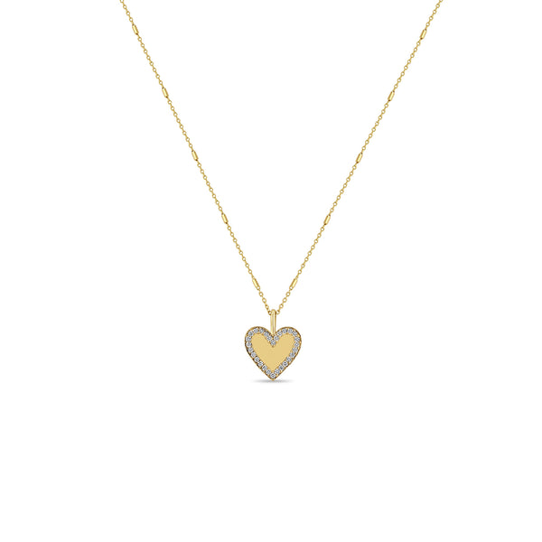 Zoë Chicco 14k Gold Heart with Pavé Diamond Border Pendant on Bar and Cable Chain Necklace