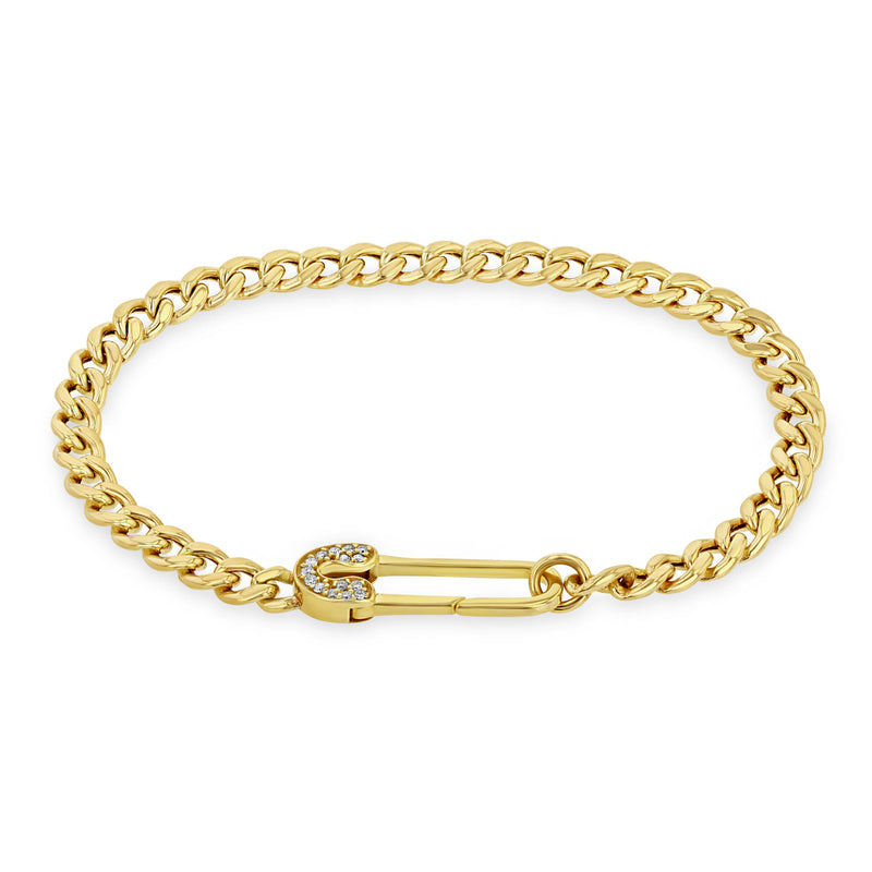 Zoë Chicco 14k Gold Pavé Diamond Safety Pin Medium Curb Chain Bracelet