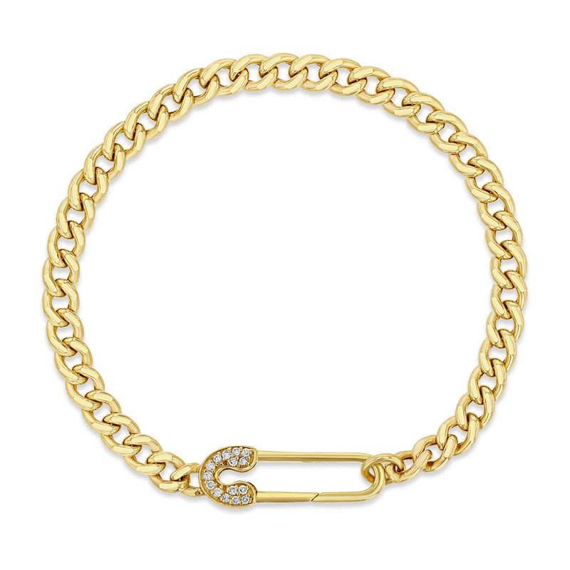 top down view of a Zoë Chicco 14k Gold Pavé Diamond Safety Pin Medium Curb Chain Bracelet