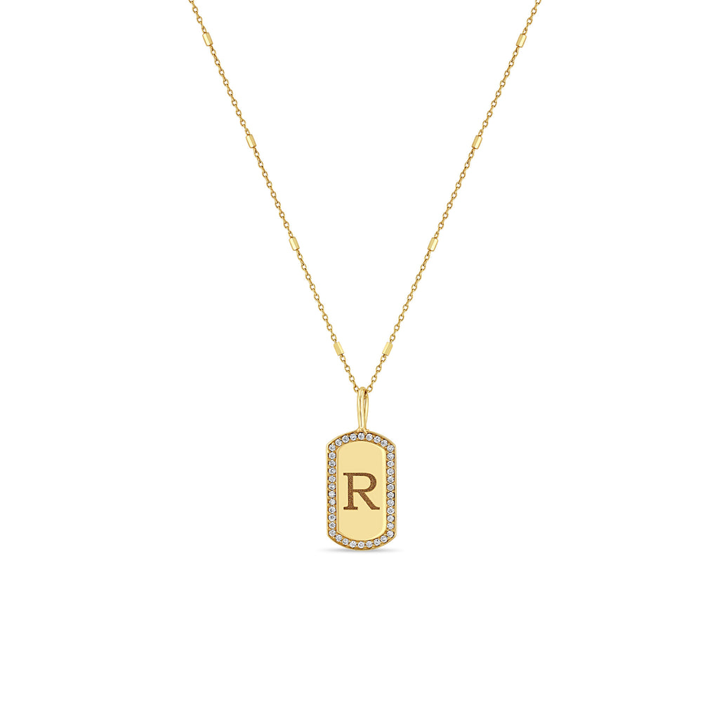 14k Solid Gold Dog Tags, Diamond Letter Initial Dog Tag, Custom Name Letter  Date Engrave Dog Tag Pendant, Personalized Engravable Dog Tag Necklace