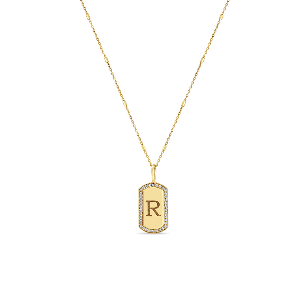 Diamond Initial Dog Tag Initial Necklace 14k Engraved Initial X