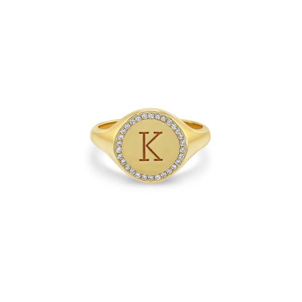 Zoë Chicco 14kt Gold Engraved Initial with Diamond Halo Round Signet Ring