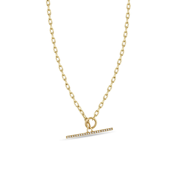 Zoë Chicco 14k Gold Small Square Oval Link Chain Pavé Diamond Toggle Necklace