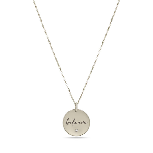 14k Small "believe" Disc Pendant on Bar & Cable Chain Necklace