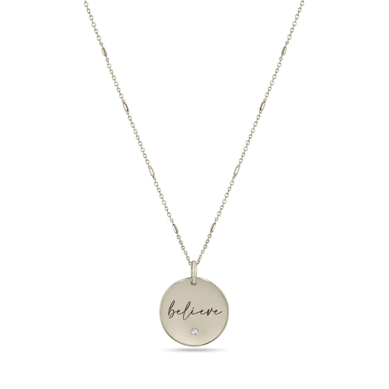 14k Small "believe" Disc Pendant on Bar & Cable Chain Necklace