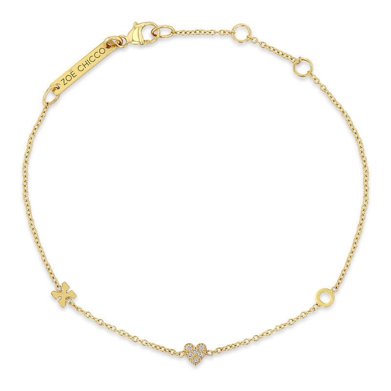 Top down view of Zoë Chicco 14k Gold Itty Bitty XO & Pavé Diamond Heart Bracelet