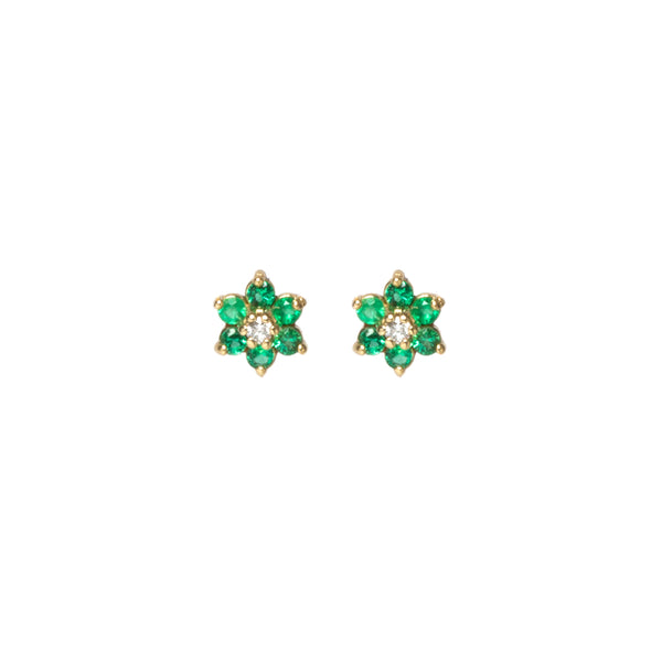 14k Prong Emerald & Diamond Center Tiny Flower Studs