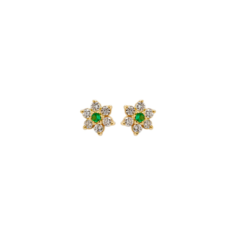 14k Prong Diamond & Emerald Center Tiny Flower Studs