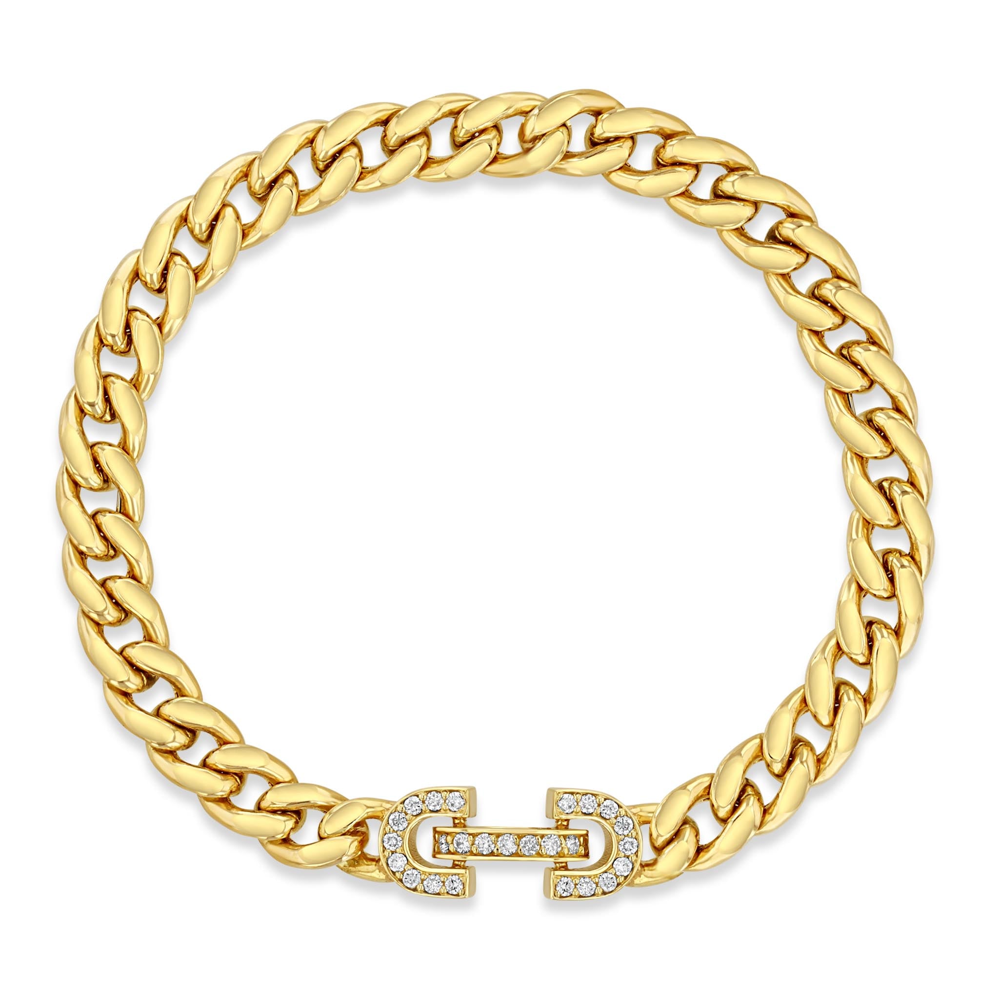 top down view of a Zoë Chicco 14k Gold Vintage Pavé Diamond Horsebit Link Large Curb Chain Bracelet