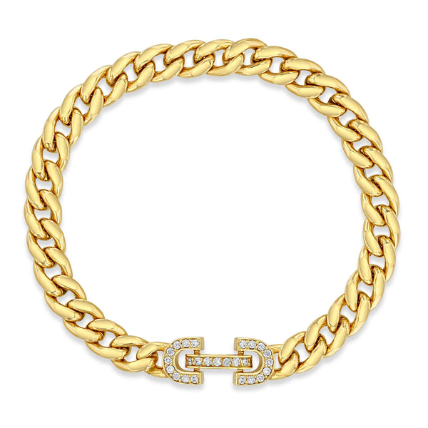top down view of a Zoë Chicco 14k Gold Vintage Pavé Diamond Horsebit Link Large Curb Chain Bracelet