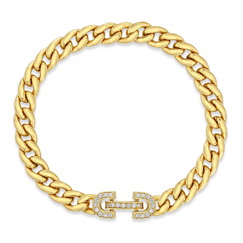 top down view of a Zoë Chicco 14k Gold Vintage Pavé Diamond Horsebit Link Large Curb Chain Bracelet