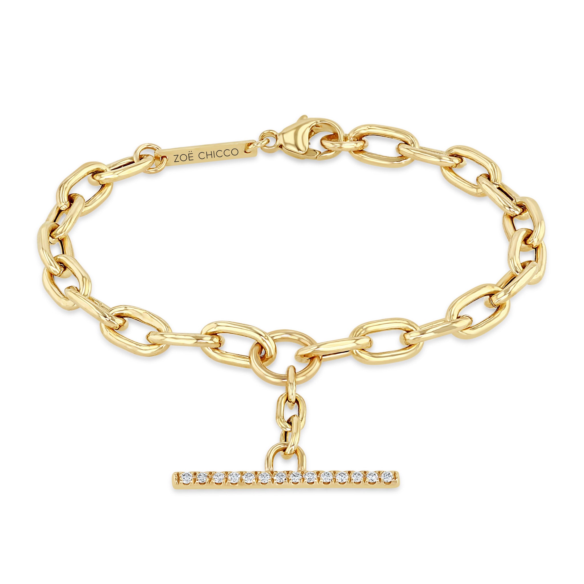Zoë Chicco 14k Gold XL Square Oval Link Faux Pave Diamond Toggle Bracelet