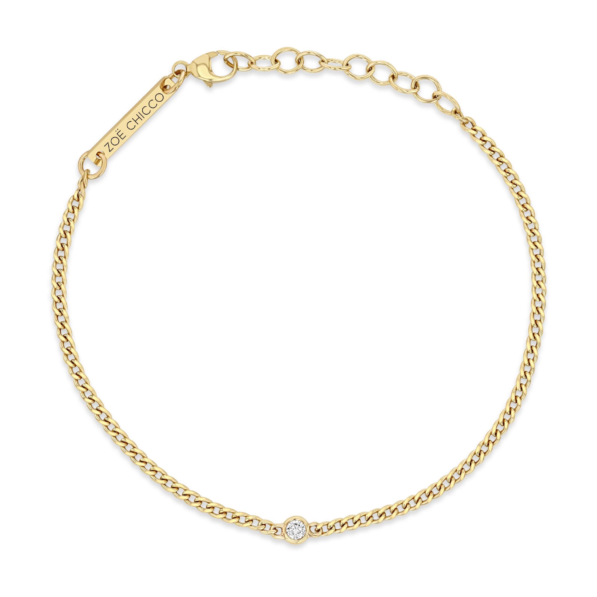 top down view of a Zoë Chicco 14k Gold Extra Small Curb Chain Bracelet with Floating Diamond