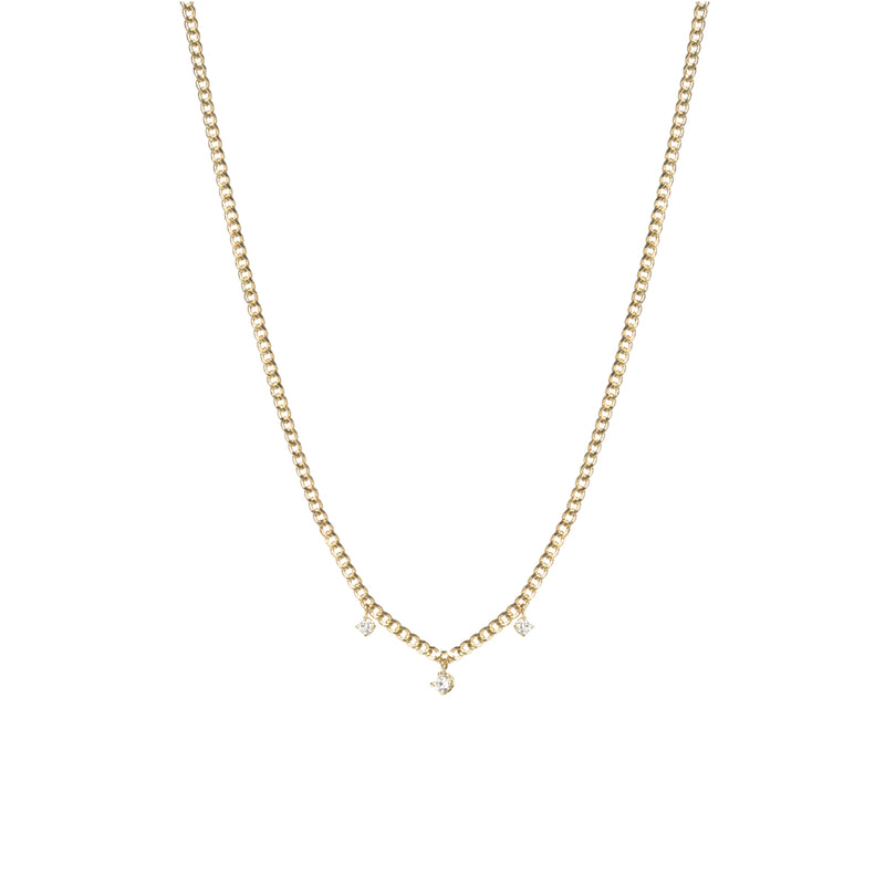 Zoë Chicco 14k Gold  3 Dangling Prong Diamond Extra Small Curb Chain Necklace