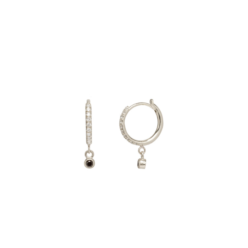 14k Medium Pavé Diamond Hinge Huggie Hoops with Dangling Black Diamonds
