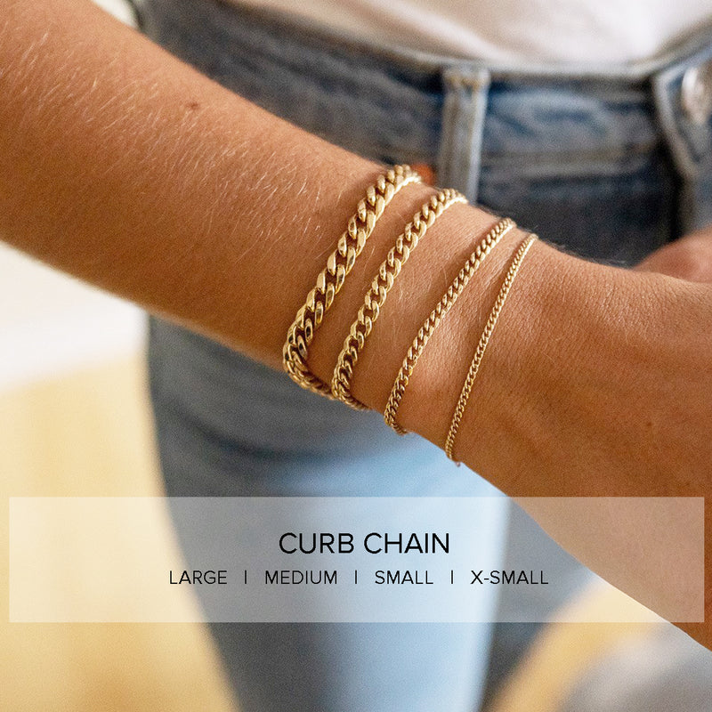 comparison image of a woman wearing four different width options of Zoe Chicco 14k Gold Curb Chain Bracelets